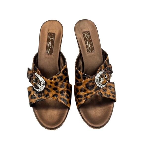 Brighton Summer Leopard Patent Leather Classic Buckle Cork Wedge Sandals - Picture 2 of 11